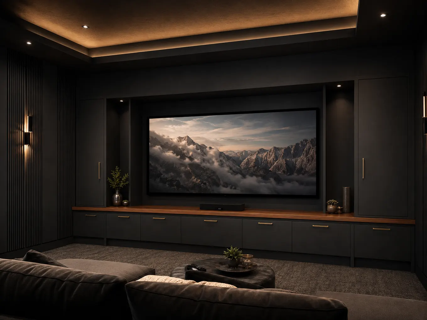 Dark home cinema with cove lighting
