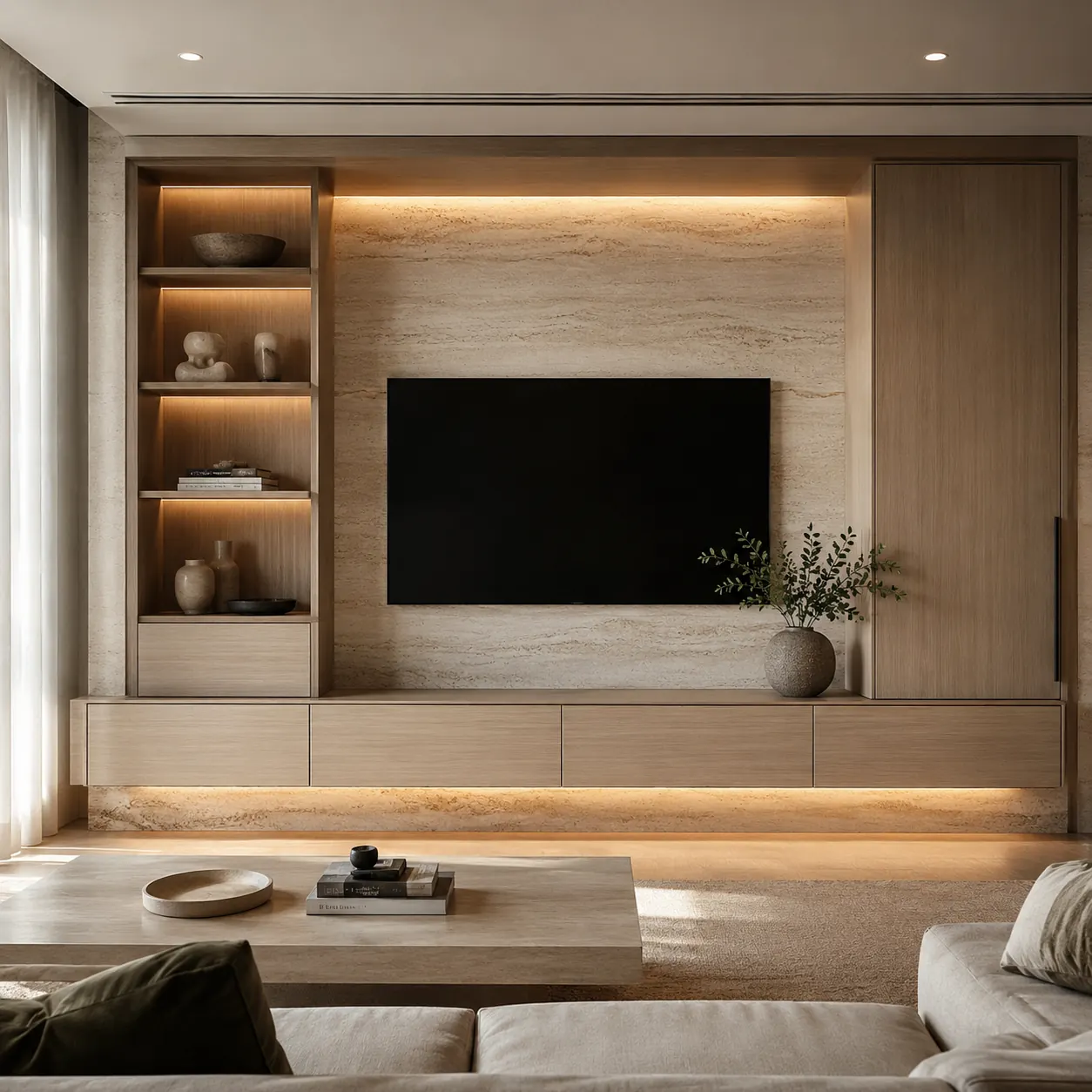 Travertine TV wall with LED