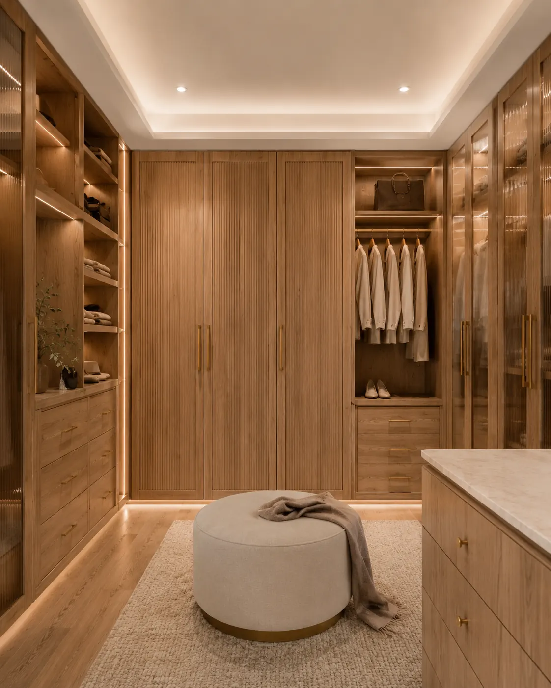 Full height oak walk-in robe with ottoman